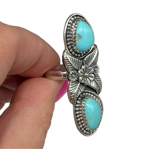 Campitos Turquoise Ring Size 6.5 Solid Sterling Silver 925 Natural Stone Flower - Picture 9 of 10